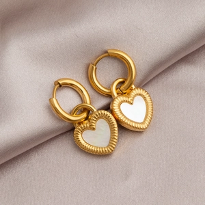 Double-sided heart mother of pearl hoop earrings in gold-plated titanium steel finish