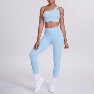 Sky blue one-shoulder sports bra and high-waist leggings yoga set for women