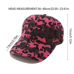 Spécifications de taille pour casquette léopard rose montrant la hauteur et le bord du chapeau