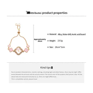 Detail view of pink clover watch bracelet with rhinestone accents and size specifications