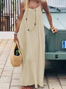 Detail of loose beige backless cami maxi dress in breathable cotton linen fabric