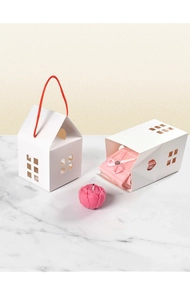 Detailed view of white house-shaped gift box with hollow heart design and red handle