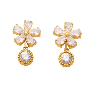 Boucles d'oreilles fleurs en zircon 5A et acier inoxydable plaqué or 18 carats