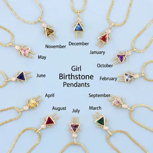 Set of 12 gold-plated birthstone girl pendants with colorful triangular cubic zirconia