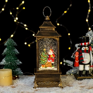Lanterne de Noël en bronze avec figurine Père Noël, paillettes et effets lumineux
