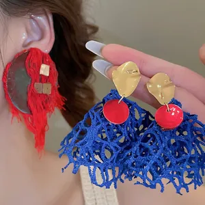Red Blue Statement Fringe Dangle Earrings Shell Cloth With 925 Sterling Silver Earring Post Bohemian Ethnic Vintage Jewelry For Women