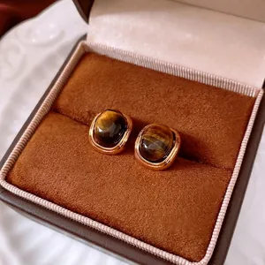Tiger's Eye Stud Earrings With 18K Gold Plated Brass And Silver Earring Post Vintage Maillard Style Elegant Jewelry