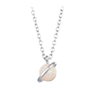 Detail of silver opal planet necklace showing iridescent orb and smooth ring charm