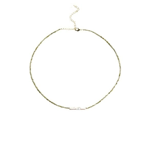 Olive green zircon beaded necklace with a white baroque freshwater pearl focal point