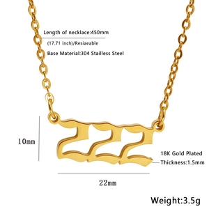 Detailed size specifications for a gold-plated 222 angel number stainless steel necklace