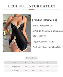 Size chart for black imitation silk nightdress with lace trim and V-neck details