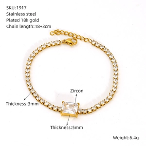 Macro view showing 18k gold plated stainless steel tennis bracelet with zircon specs