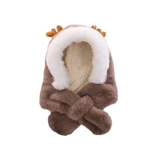 Cute brown plush earflap hat with deer antlers and thick white faux fur lining