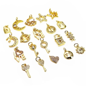 Golden moon star lock and key charms with micro-pave zircons for DIY jewelry making