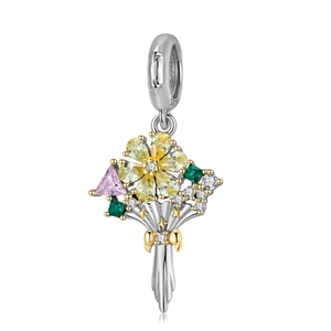 S925 sterling silver flower bouquet charm with yellow zircon and golden ribbon