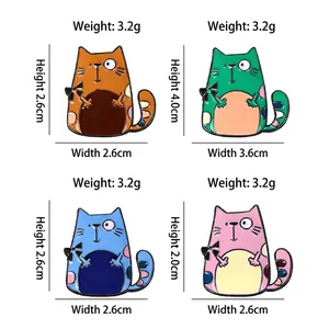 Set of four colorful cartoon cat enamel pins in various sizes and vibrant striped tails