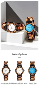Detailed close-up of three wooden watches with pearl dials and natural wood textures