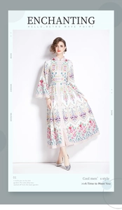 Detailed view of bohemian floral print maxi dress with mandarin collar and flared sleeves