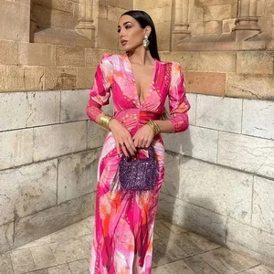 Robe Midi À Manches Longues Imprimé Abstrait Col En V Profond Froncée Moulante Polyester Mode Femme