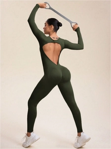 Dunkelgrüner nahtloser langarm Yoga-Jumpsuit mit herzförmigem Rückenausschnitt und Push-up