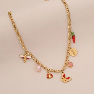 Detailed shot of gold necklace with colorful bee, butterfly, and flower enamel pendants