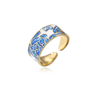 Adjustable gold ring with blue and white enamel floral pattern in cloisonne style