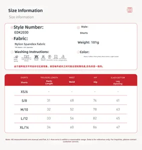 Size chart for women's athletic shorts showing measurements in polyamide and elastane fabric