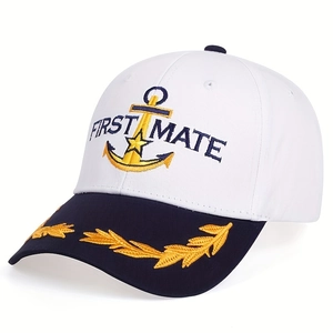 White navy baseball cap with gold embroidery and dark blue brim for sun protection