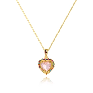Pink heart zircon pendant on 18K gold-plated chain necklace against white background