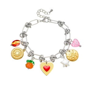 Gold-plated stainless steel charm bracelet featuring colorful heart and floral pendants