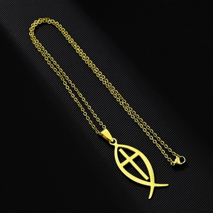 Detailed view of a golden stainless steel Ichthys fish pendant necklace with a cross insert