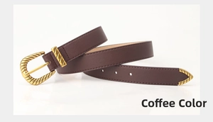 Detailed view of dark coffee leather belt with vintage gold textured buckle and tip