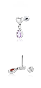 Detail showing heart teardrop pendant with purple gem and screw-back earring post
