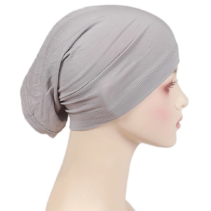 Detail view of the gray modal inner hijab cap with premium stitching on soft elastic fabric
