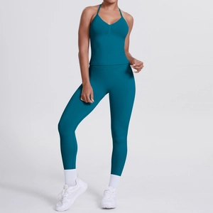 Yoga-Set in Pfauenblau mit Neckholder-Sport-BH und hoch taillierter Leggings