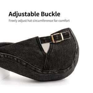 Adjustable black washed denim flat cap with premium brass metal buckle for custom sizing