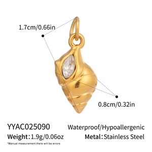 Detail view of 18K gold shell pendant with dimensions and stainless steel features