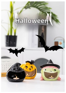 Ceramic Halloween tea light holders featuring pumpkin, skull, and witch hat designs