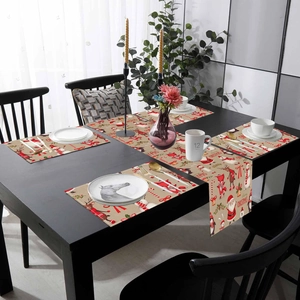 Detailed Christmas table runner set with Santa and reindeer motifs on high-density fabric