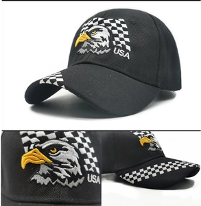 Macro detail of USA eagle embroidery and checkered pattern on black baseball cap