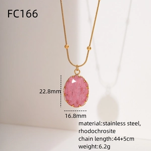 18K gold plated stainless steel necklace with oval pink rhodochrosite stone pendant