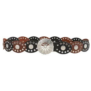 Vintage western-style wide waist belt with oval leather patches and silver floral buckle