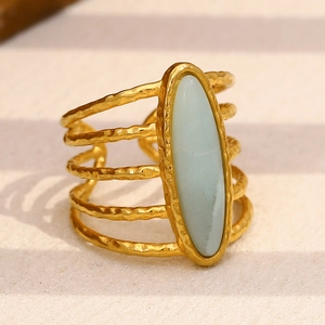18K gold plated multi-layer stainless steel open ring with oval turquoise gemstone