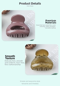Detail showing smooth pink and translucent amber resin hair clips with metal springs