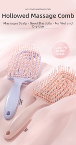 Close-up of the hollowed arc massage comb in taro purple and peach pink colors