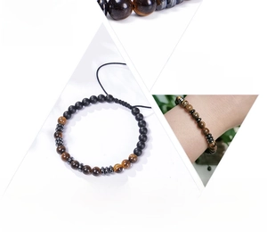 Morse code bracelet with tiger eye stones, featuring close-up details and lifestyle view