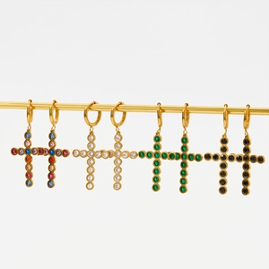 Golden stainless steel cross hoop earrings with multicolored, green and black crystals