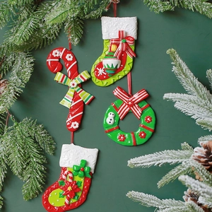 Christmas Hanging Ornaments Polymer Clay 3D Stocking Candy Cane Wreath Tree Decoration Festive Holiday Handcrafted Style