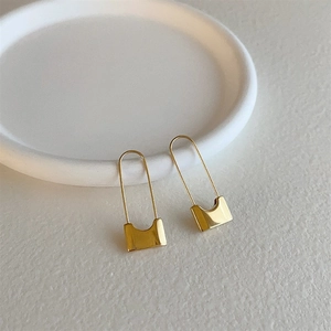 Minimalist gold safety pin earrings with geometric solid square pendant for women