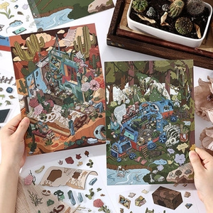Detail of 2.5D PET landscape stickers with cat shop theme in a cozy setting